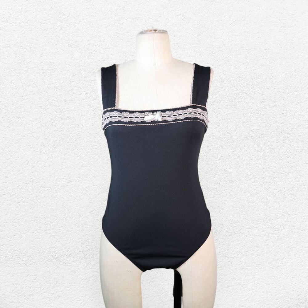 Forever 21 Lace & Bow Trim One Piece Swimsuit in Black